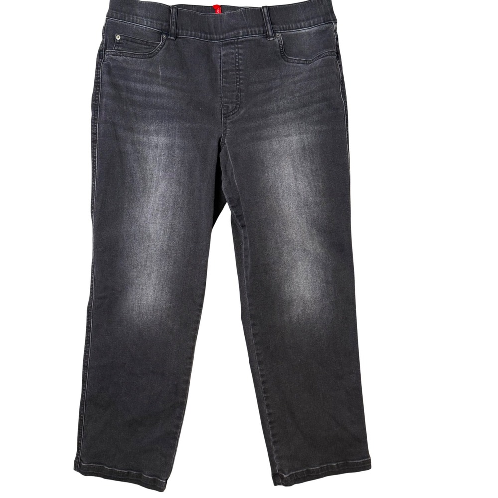 Spanx Distressed Ankle Straight Leg Jeans‎ Black Pull On Denim XL Petite Cropped
